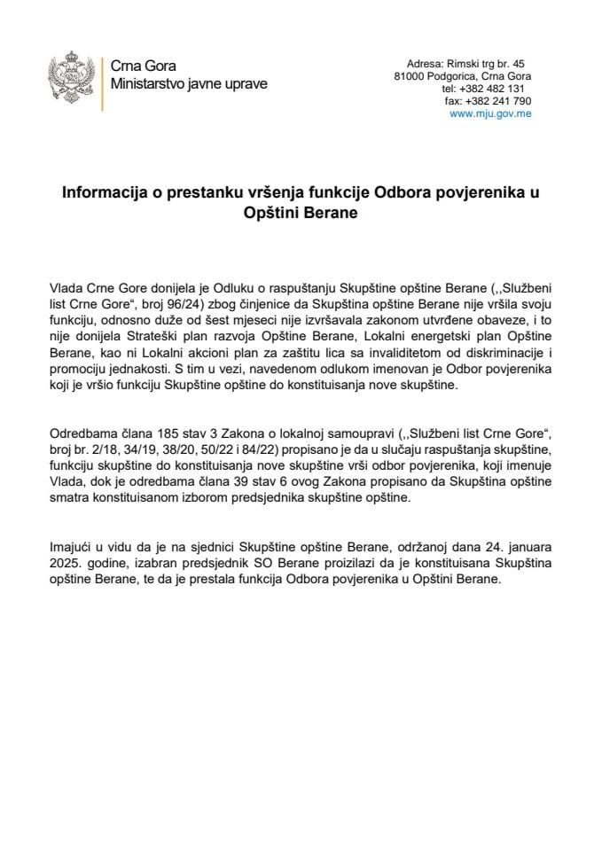 Informacija o prestanku vršenja funkcije Odbora povjerenika u Opštini Berane