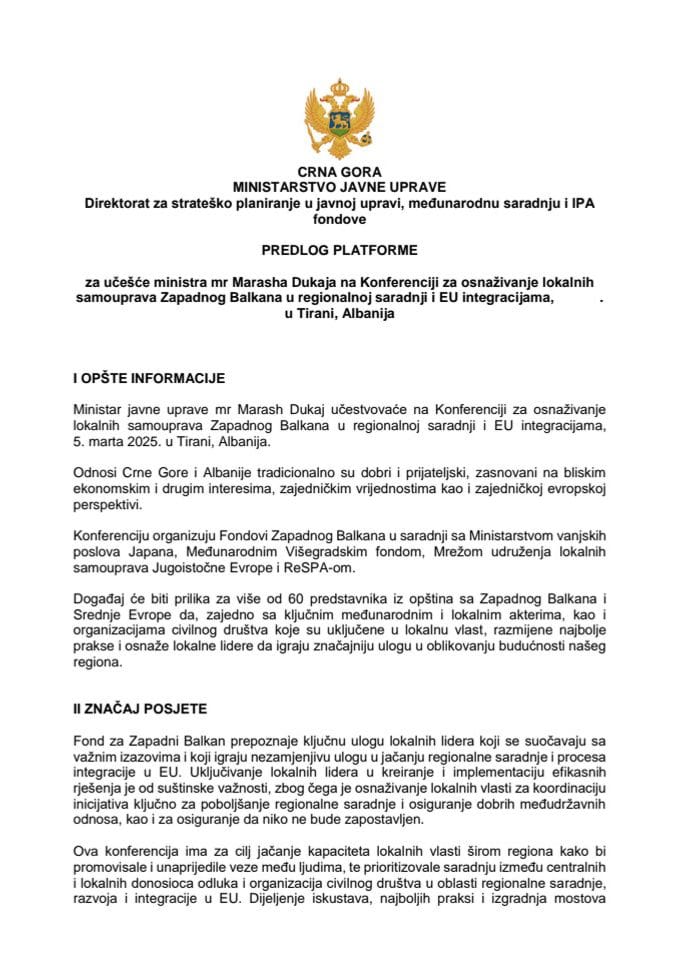 Predlog platforme za učešće ministra mr Marasha Dukaja na Konferenciji za osnaživanje lokalnih samouprava Zapadnog Balkana u regionalnoj saradnji i EU integracijama, u Tirani, Albanija