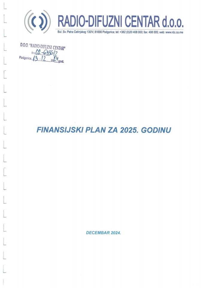 Предлог финансијског плана „Радио-дифузног центра“ д.о.о. за 2025. годину