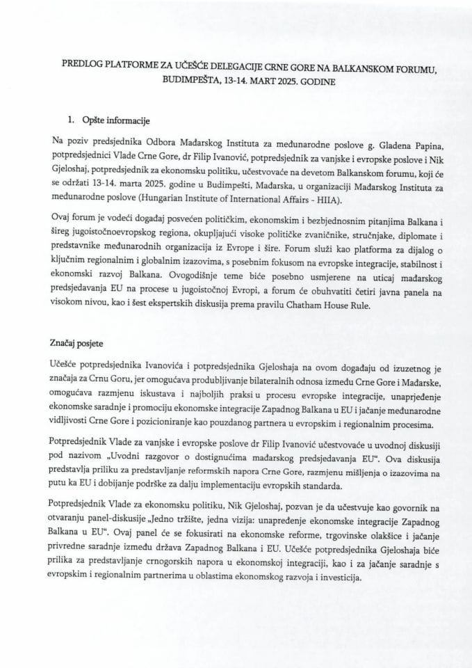 Predlog platforme za učešće potpredsjednika Vlade za vanjske i evropske poslove dr Filipa Ivanovića na Budapest Balkans Forum-u u Budimpešti, Mađarska, 13. i 14. mart 2025. godine