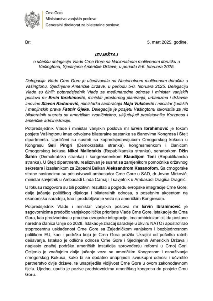 Извјештај о учешћу делегације Владе Црне Горе на Националном молитвеном доручку у Вашингтону, Сједињене Америчке Државе, у периоду 5-6. фебруара 2025. године