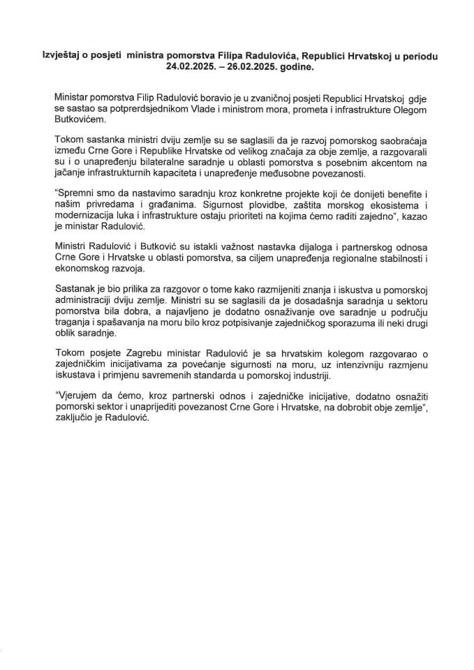 Izvještaj o posjeti ministra pomorstva, Filipa Radulovića, Republici Hrvatskoj, u periodu 24.02.2025. - 26.02.2025. godine