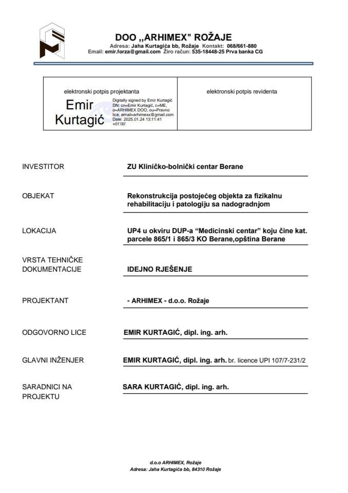 Idejna rješenja - 03.03.2025 IR ZU Kliničko bolnički centar Berane- Opštine Berane