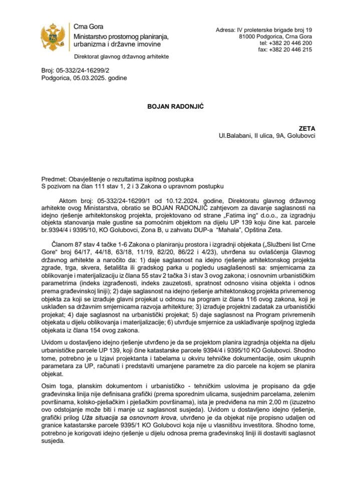 Obavještenja - Saglasnosti glavnog državnog arhitekte - 05.03.2025 Obavještenje -Bojan Radonjić -Opština Zeta