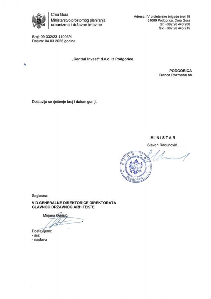 Rješenja glavnog državnog arhitekte - 04.03.2025 Rješenje -CENTRAL INVEST DOO, Podgorica -Glavni grad Podgorica