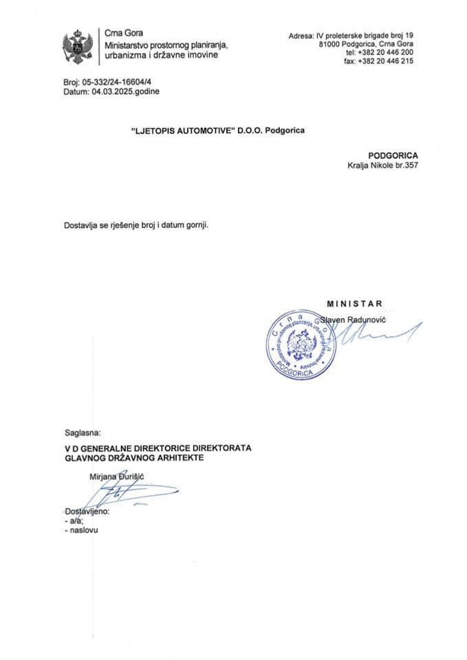 Rješenja glavnog državnog arhitekte - 04.03.2025 Rješenje -LJETOPIS AUTOMOTIVE DOO, Podgorica -Glavni grad Podgorica