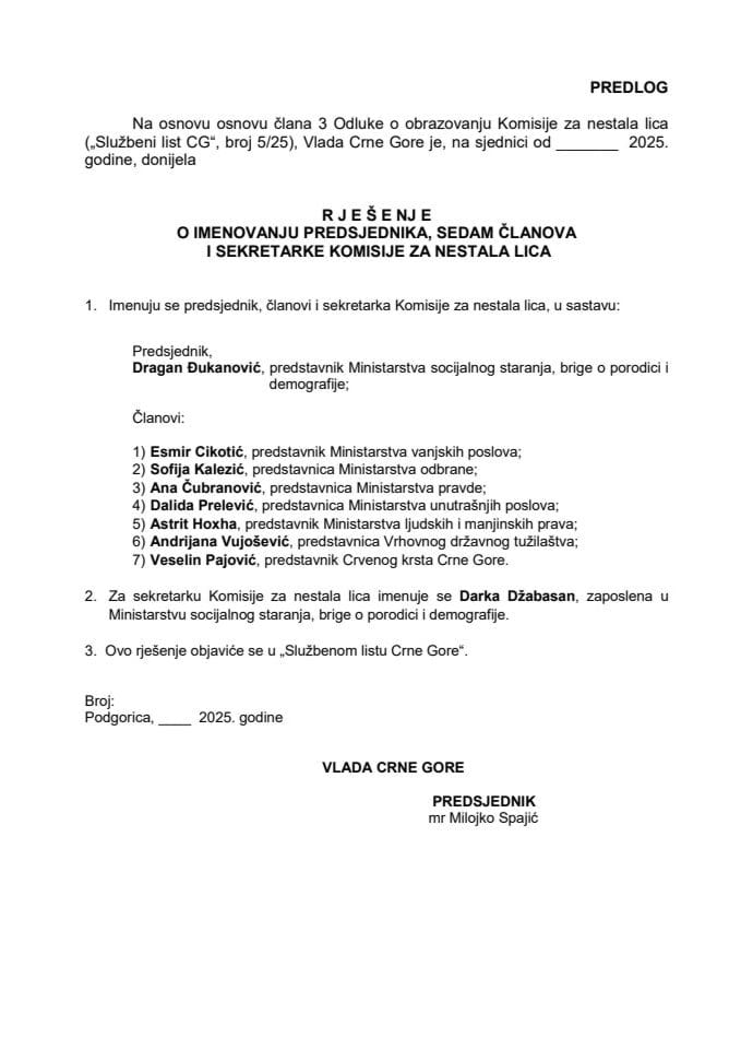Predlog za imenovanje predsjednika, sedam članova i sekretarke Komisije za nestala lica