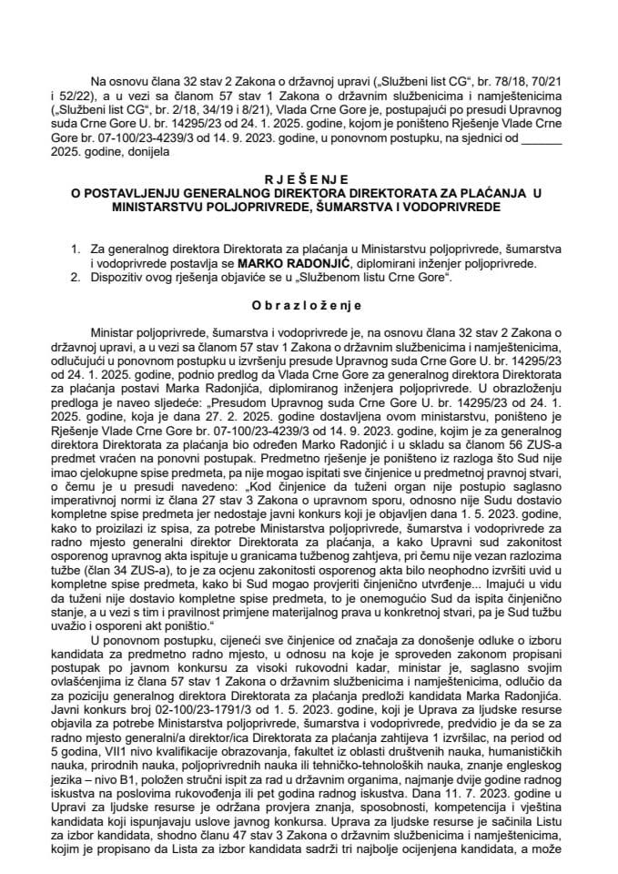 Predlog za postavljenje generalnog direktora Direktorata za plaćanja u Ministarstvu poljoprivrede, šumarstva i vodoprivrede
