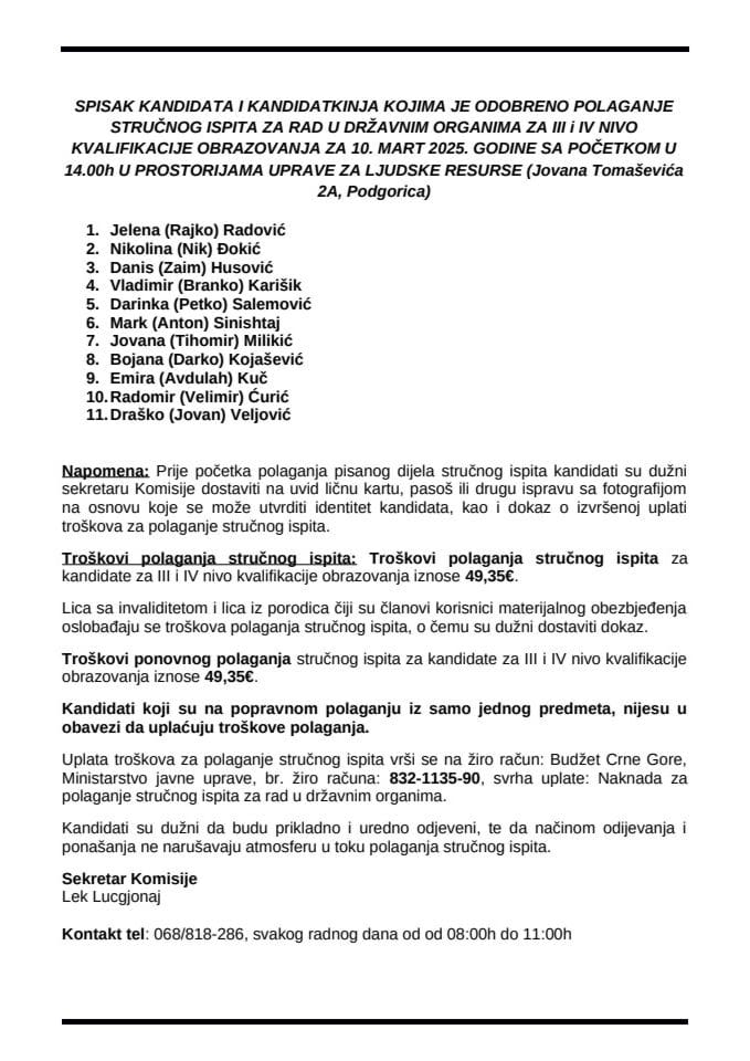 Списак кандидата  10.03.2025. године
