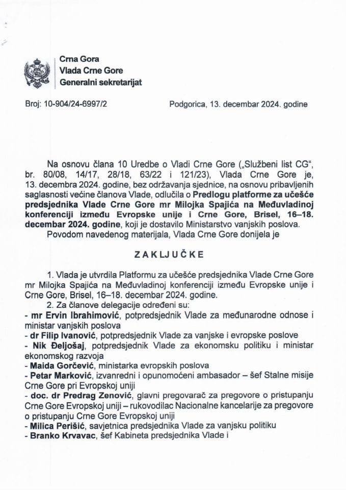 Predlog platforme za učešće predsjednika Vlade Crne Gore mr Milojka Spajića na Međuvladinoj konferenciji između Evropske unije i Crne Gore, Brisel, 16-18. decembar 2024. godine - zaključci