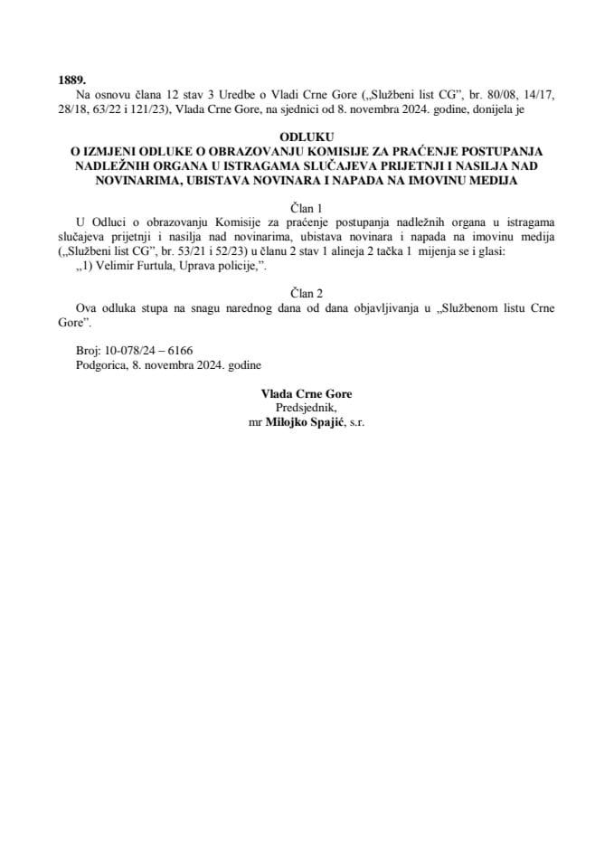 Odluka o izmjeni odluke o obrazovanju Komisije ("Sl.list CG" br. 124/2024)