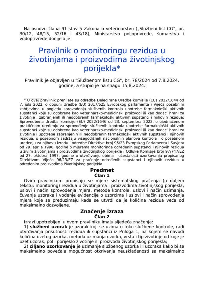 Pravilnik o monitoringu rezidua u životinjama i proizvodima životinjskog porijekla