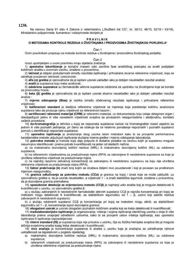 Pravilnik o metodama kontrole rezidua u životinjama i proizvodima životinjskog porijekla
