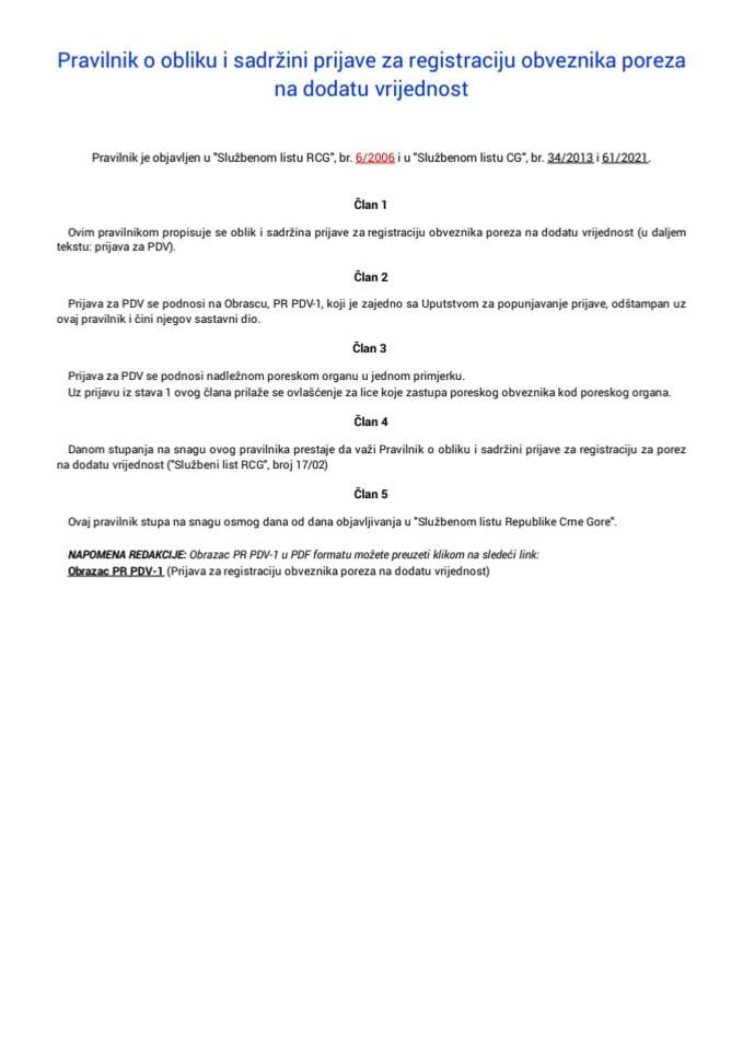 Pravilnik o obliku i sadržini prijave za registraciju obveznika poreza na dodatu vrijednost