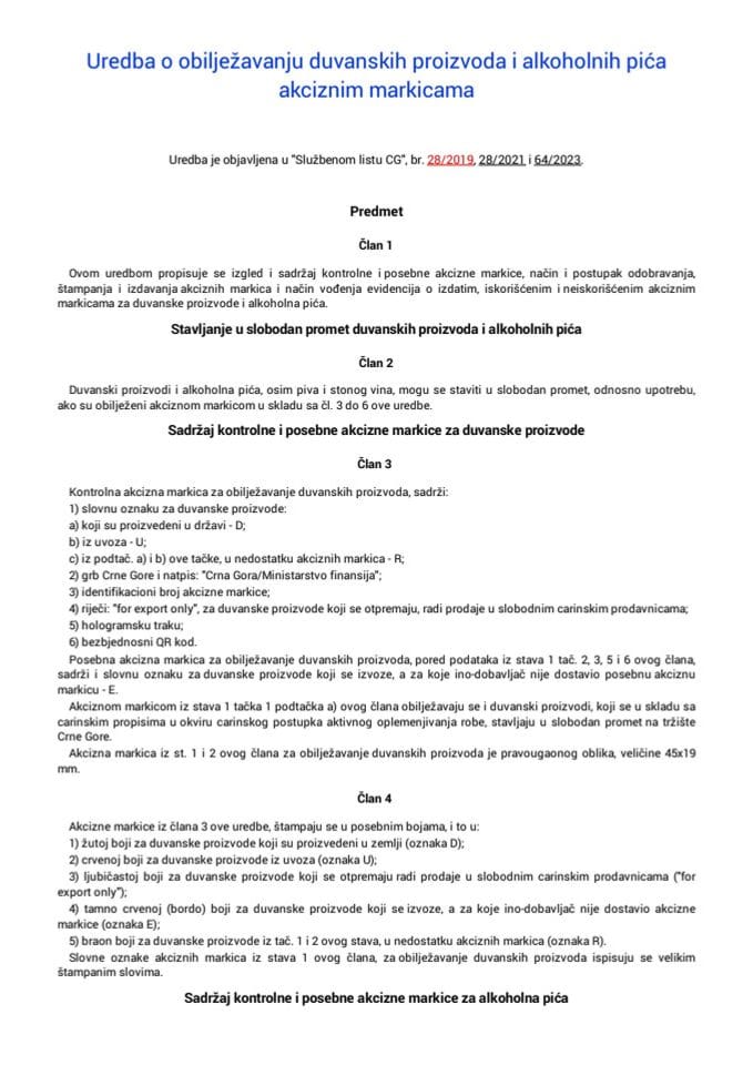 Uredba o obilježavanju duvanskih proizvoda i alkoholnih pića akciznim markicama