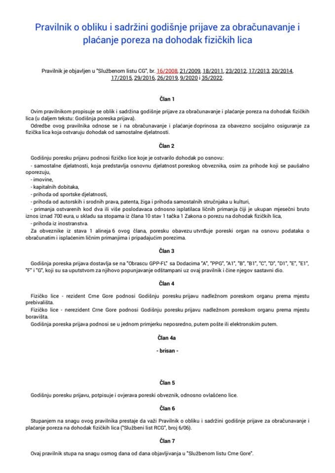 Pravilnik o obliku i sadržini godišnje prijave za obračunavanje i plaćanje poreza na dohodak fizičkih lica