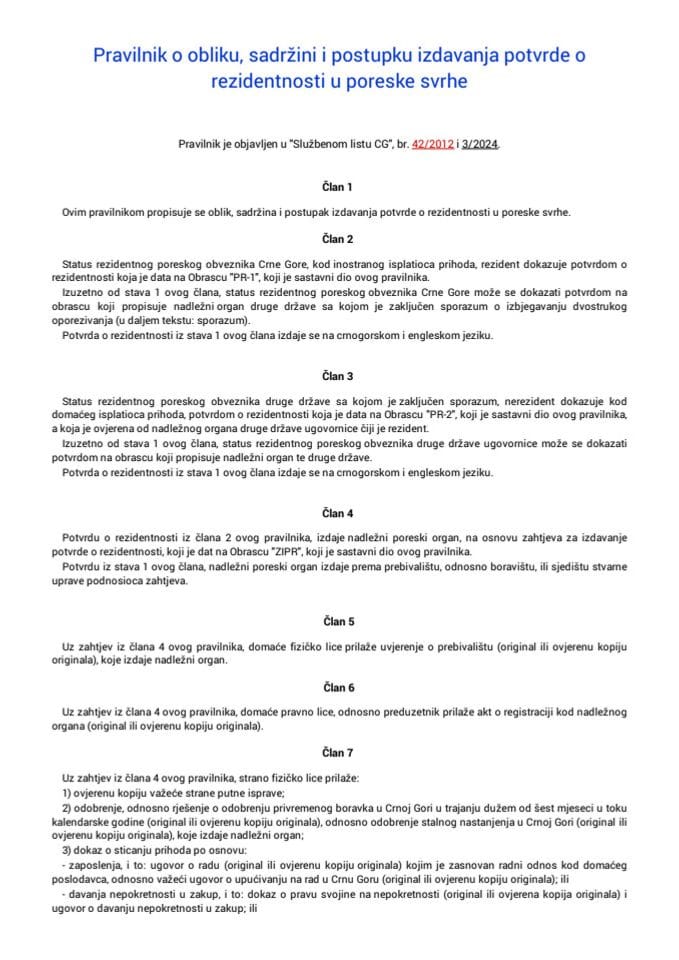 Pravilnik o obliku, sadržini i postupku izdavanja potvrde o rezidentnosti u poreske svrhe