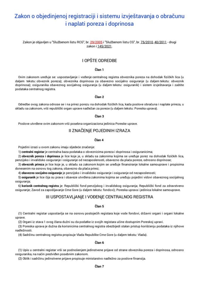 Zakon o objedinjenoj registraciji i sistemu izvještavanja o obračunu i naplati poreza i doprinosa