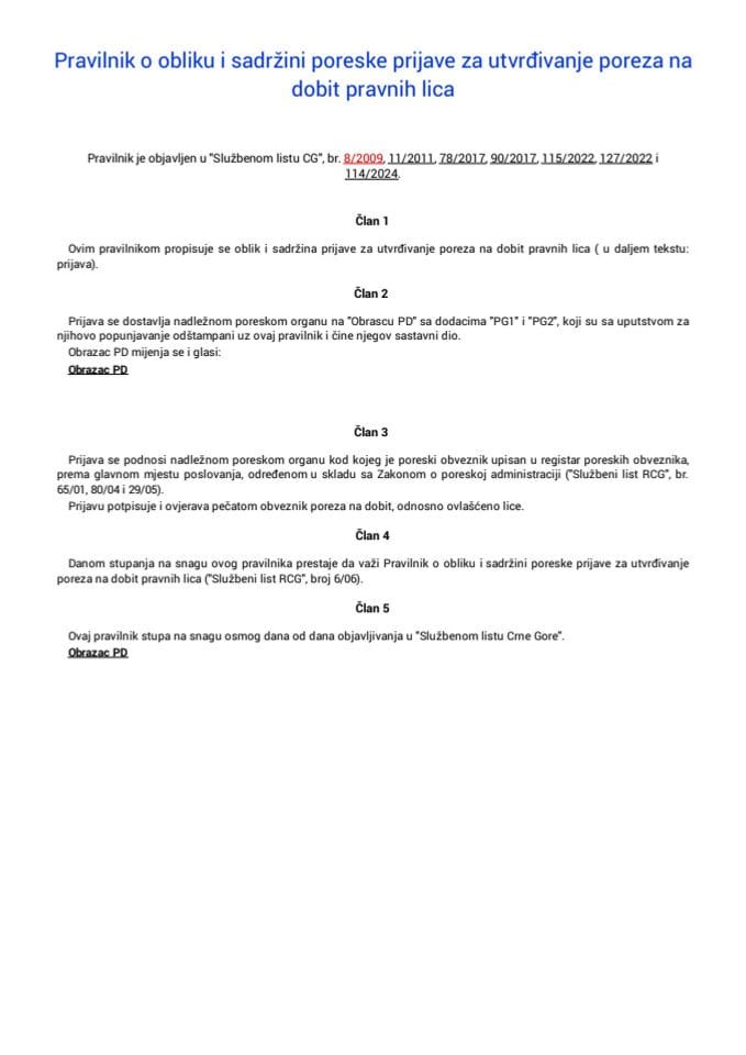 Pravilnik o obliku i sadržini poreske prijave za utvrđivanje poreza na dobit pravnih lica