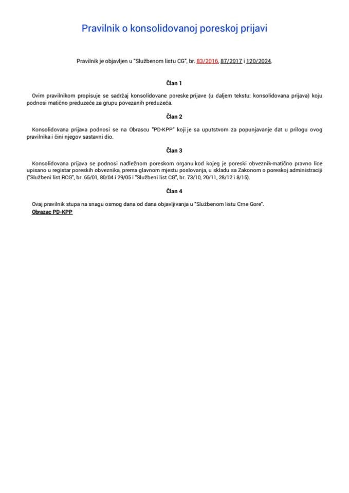 Pravilnik o konsolidovanoj poreskoj prijavi