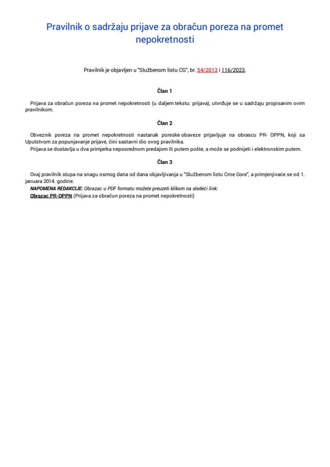 Pravilnik o sadržaju prijave za obračun poreza na promet nepokretnosti