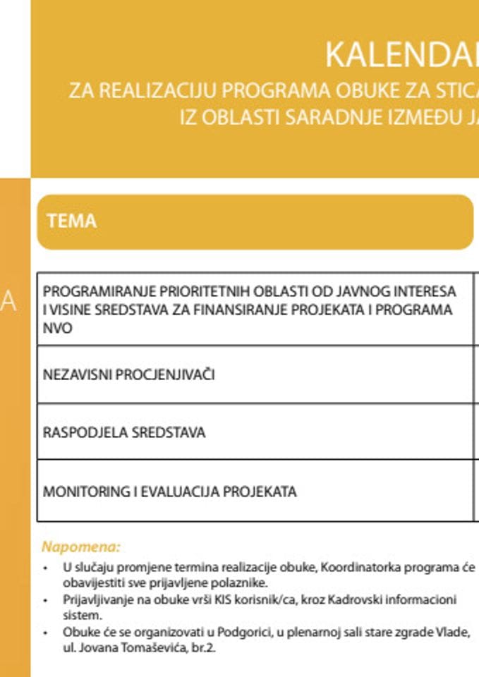 Kalendar obuka za realizaciju programa obuke za sticanje i unaprjeđivanje znanja i vještina iz oblasti saradnje između javnog i nevladinog sektora