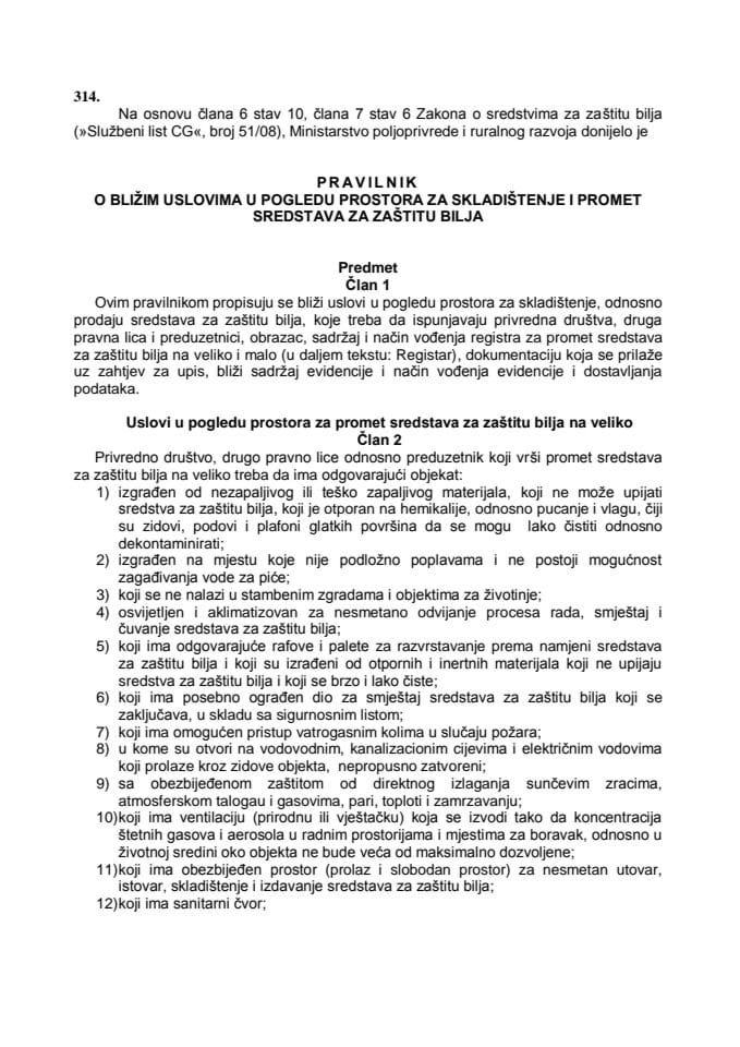 Pravilnik o bližim uslovima u pogledu prostora za skladištenje i promet sredstava za zaštitu bilja Službeni list Crne Gore, broj 15 2013 od 22.03.2013.