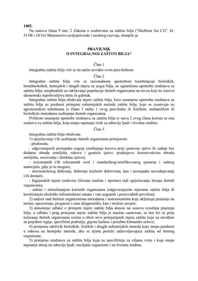 Pravilnik o integralnoj zaštiti bilja Službeni list Crne Gore, broj 68 2015 od 08.12.2015.