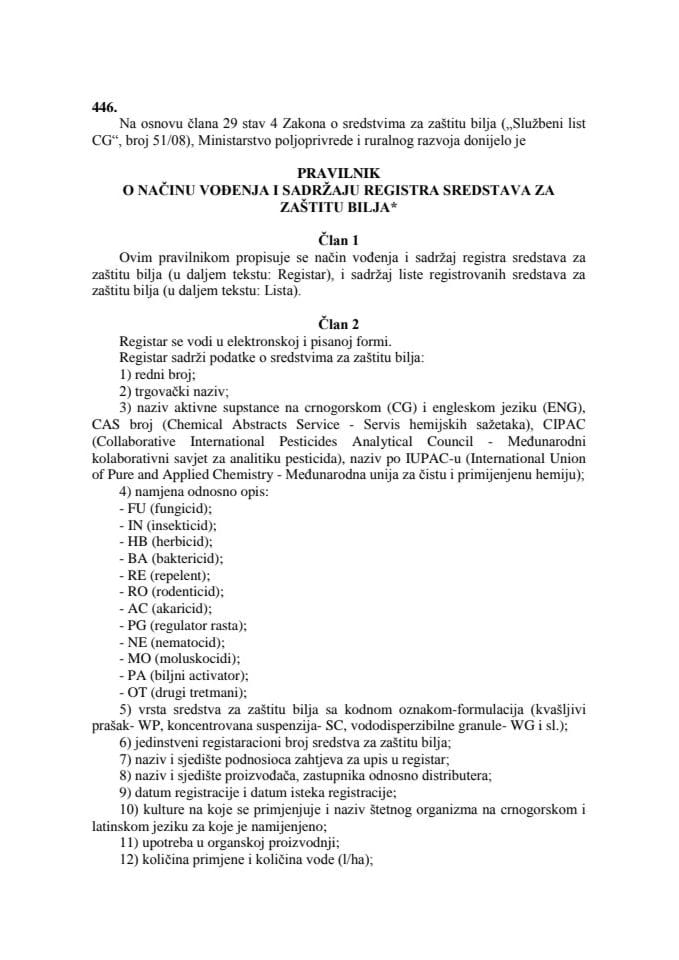 Pravilnik o načinu vođenja i sadržaju registra sredstava za zaštitu bilja Službeni list Crne Gore, broj 17 2014 od 04.04.2014.
