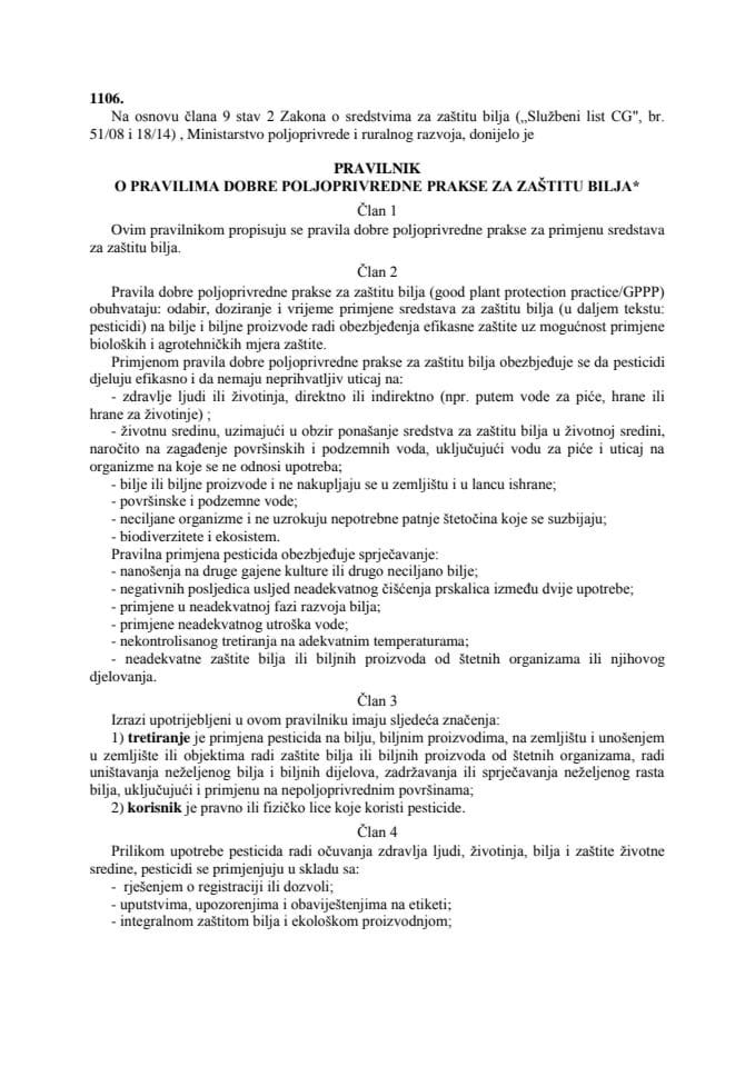 Pravilnik o pravilima dobre poljoprivredne prakse za zaštitu bilja Službeni list Crne Gore, broj 45 2014 od 24.10.2014.