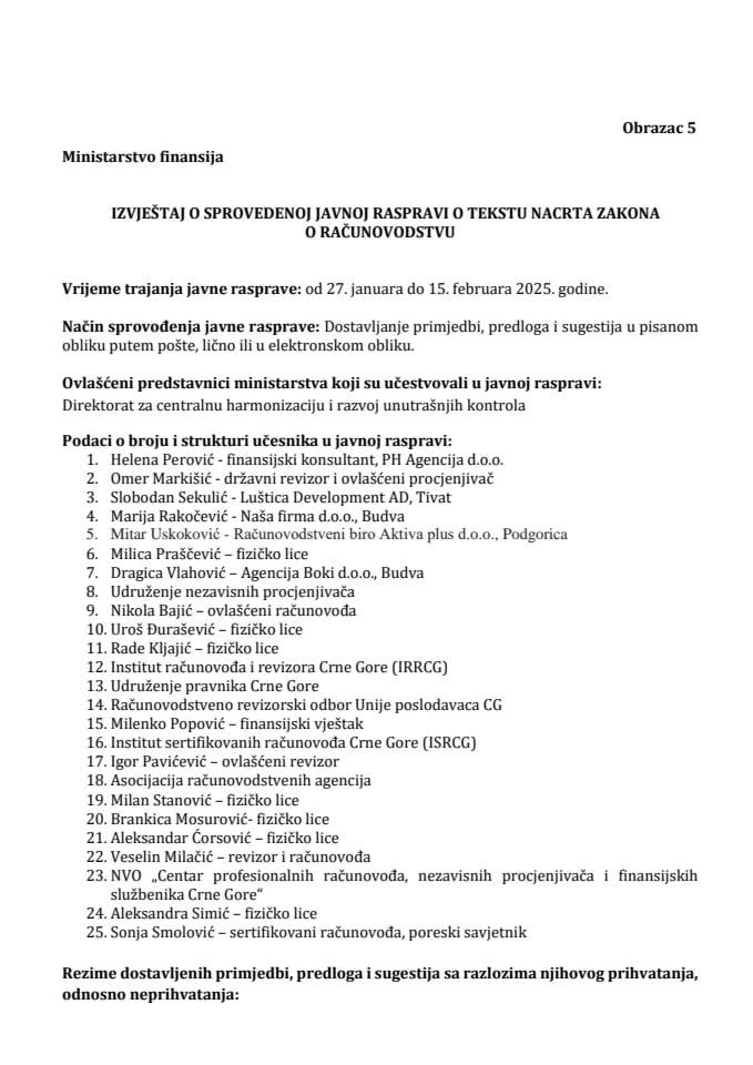 Извјештај о спроведеној јавној расправи о тексту Нацрта Закона о рачуноводству