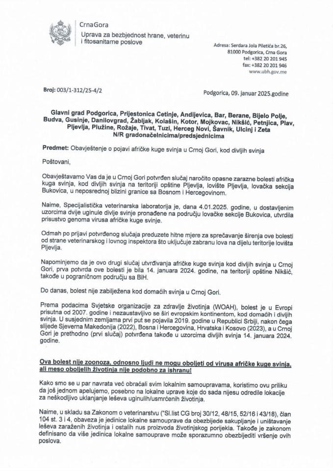 Obavještenje o pojavi AKS kod divljih svinja - dopis opštinama