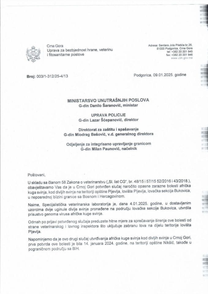 Obavještenje o pojavi AKS kod divljih svinja - dopis MUP-u