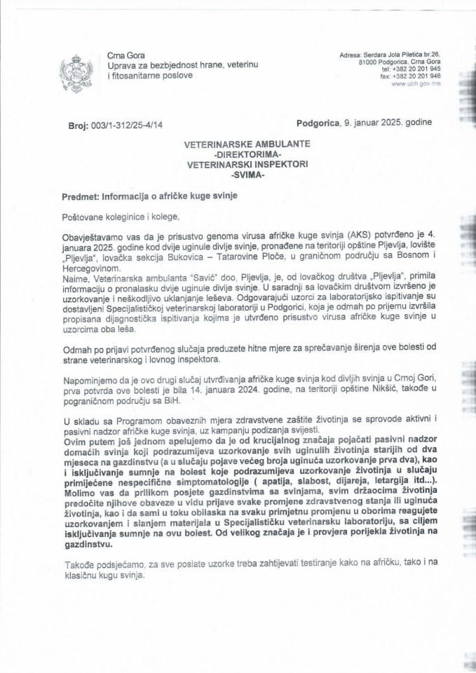 Obavještenje o pojavi AKS kod divljih svinja - dopis vet. ambulantama i inspektorima