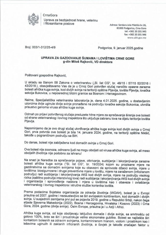 Obavještenje o pojavi AKS kod divljih svinja - dopis Upravi za gazdovanje šumama i lovištima Crne Gore