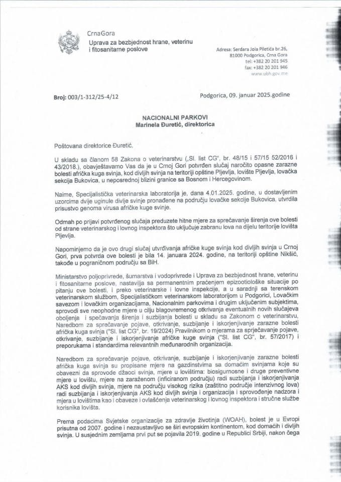 Obavještenje o pojavi AKS kod divljih svinja - dopis Nacionalnim parkovima