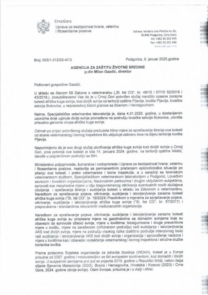Obavještenje o pojavi AKS kod divljih svinja - dopis Agenciji za zaštitu životne sredine