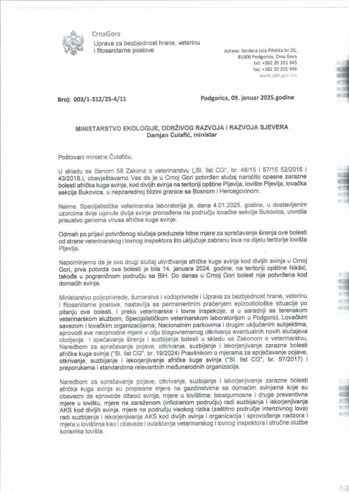 Obavještenje o pojavi AKS kod divljih svinja - dopis Min. ekologije, održivog razvoja i razvoja sjevera