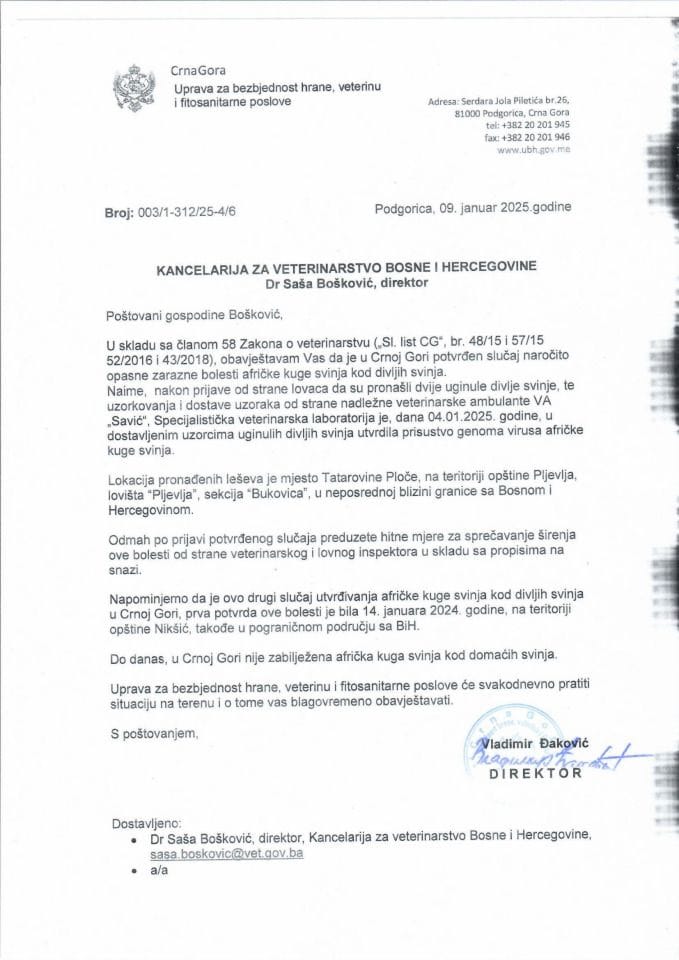 Obavještenje o pojavi AKS kod divljih svinja - dopis Kancelariji za veterinarstvo BiH