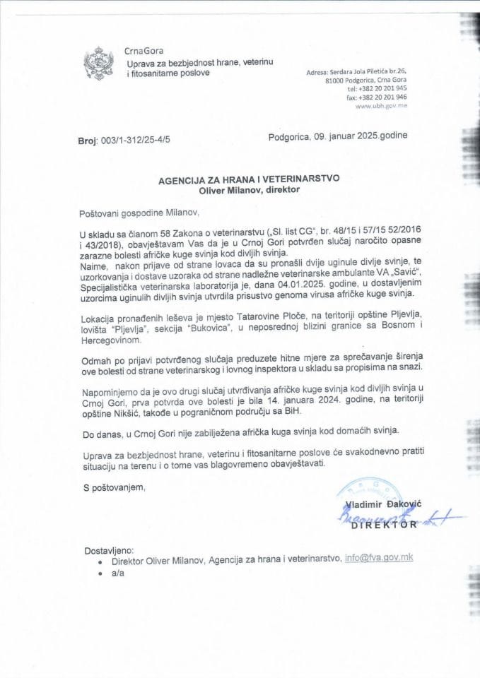 Obavještenje o pojavi AKS kod divljih svinja - dopis Agenciji za hranu i veterinarstvo Sjeverne Makedonije