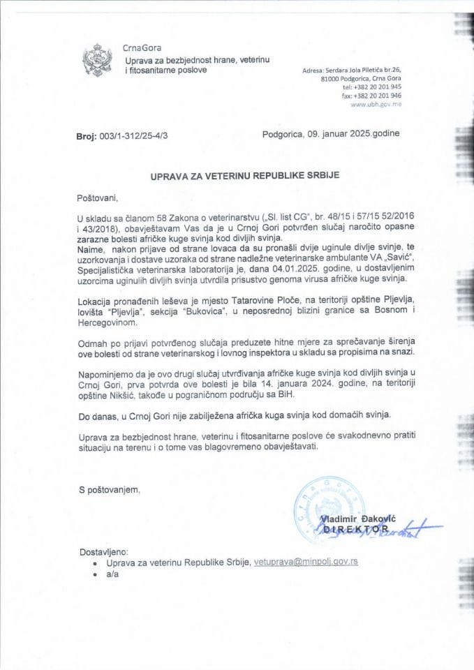 Obavještenje o pojavi AKS kod divljih svinja - dopis Upravi za veterinu Republike Srbije