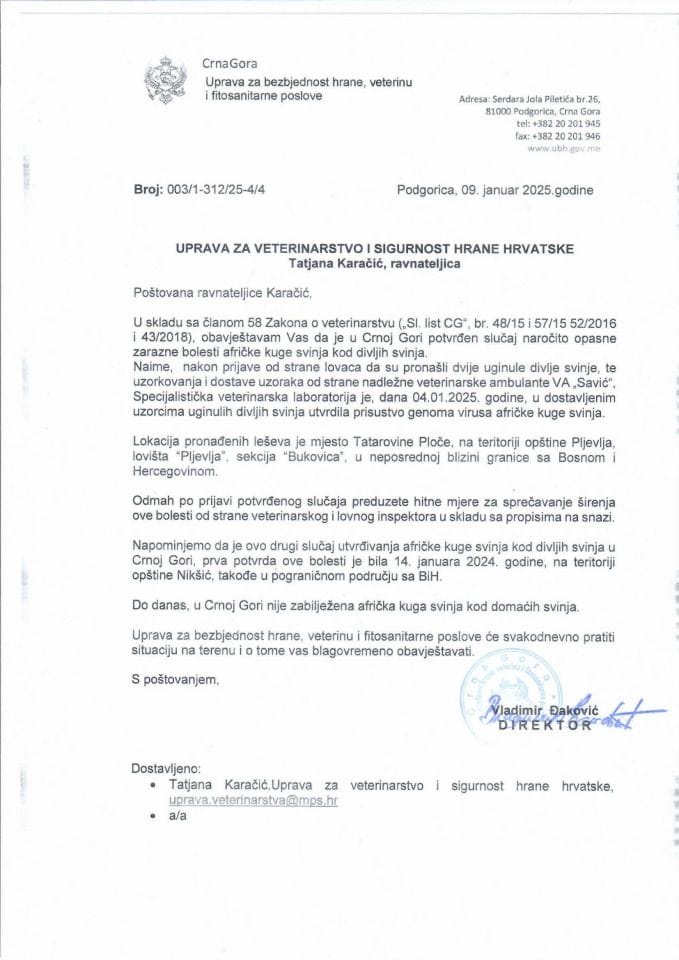 Обавјештење о појави АКС код дивљих свиња - допис Управи за ветеринарство и сигурност хране Хрватске