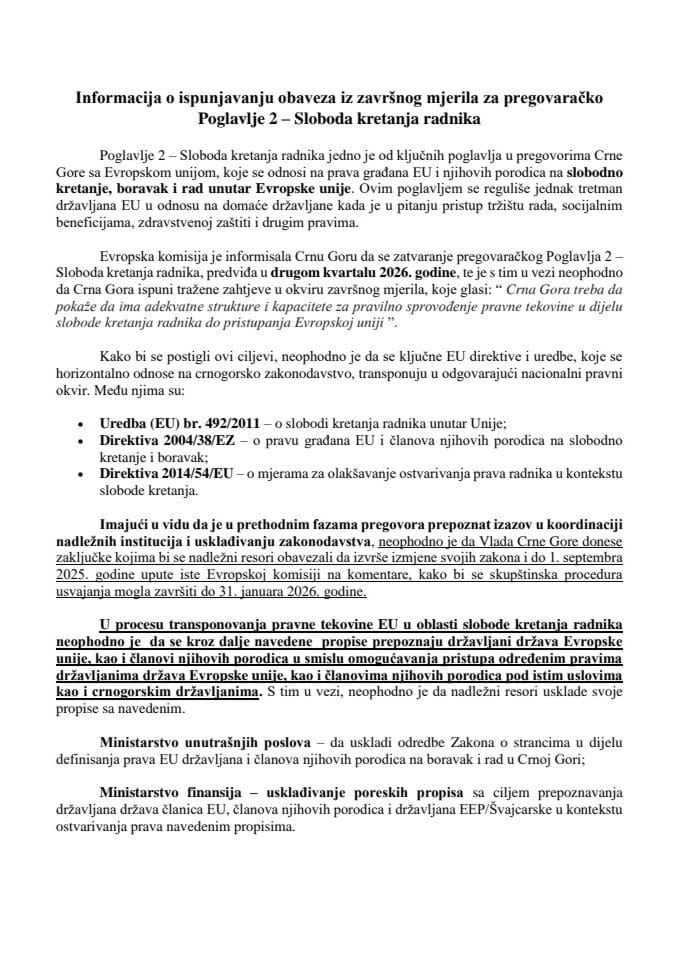 Информација о испуњавању обавеза из завршног мјерила за преговарачко поглавље 2 - Слобода кретања радника