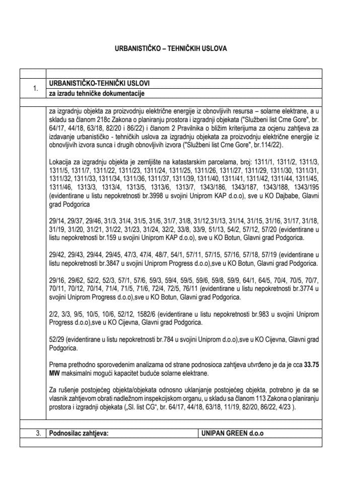 Predlog urbanističko-tehničkih uslova za izradu tehničke dokumentacije za izgradnju objekta za proizvodnju električne energije iz obnovljivih resursa – solarne elektrane „KAP“ u skladu sa članom 218c Zakona o planiranju prostora (bez rasprave)