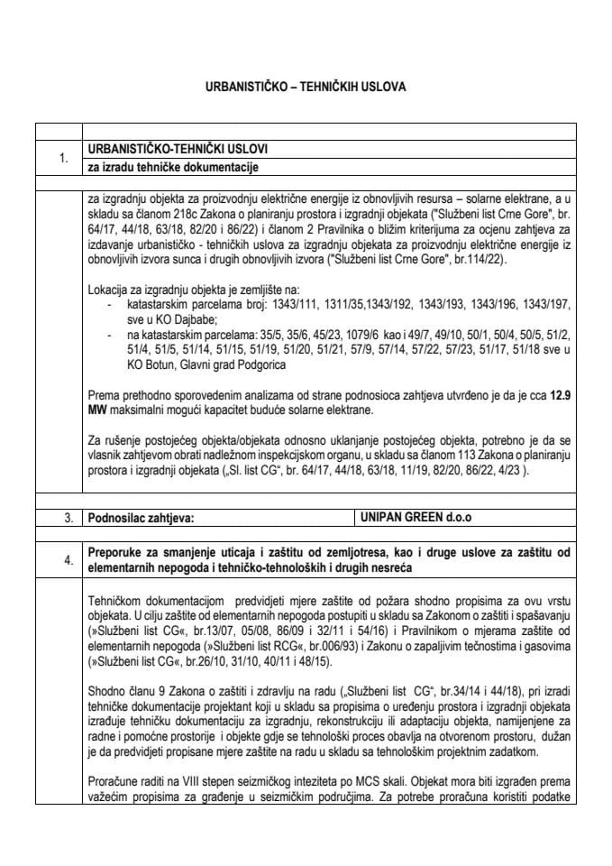 Predlog urbanističko-tehničkih uslova za izradu tehničke dokumentacije za izgradnju objekta za proizvodnju električne energije iz obnovljivih resursa – solarne elektrane SE „KAP II“ u skladu sa članom 218c Zakona o planiranju prostora (bez rasprave)