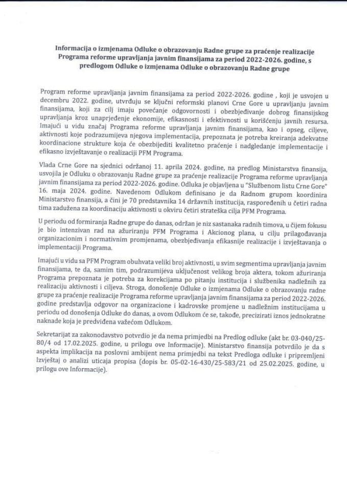 Информација о измјенама Одлуке о образовању Радне групе за праћење реализације Програма реформе управљања јавним финансијама 2022-2026. године с Предлогом одлуке о измјенама Одлуке о образовању Радне групе за праћење реализације Програма