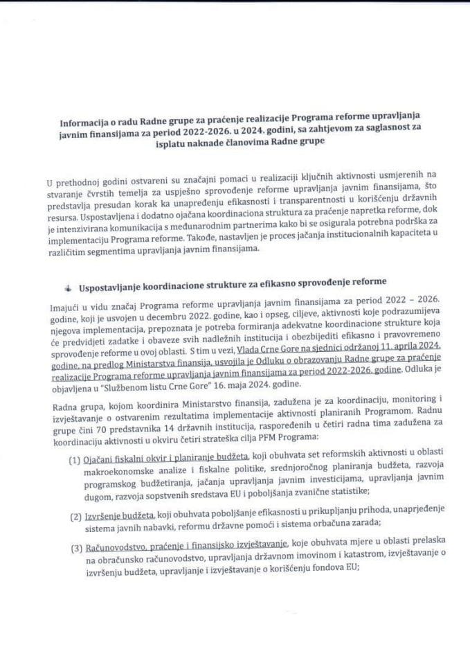 Информација о раду Радне групе за праћење реализације Програма реформе управљања јавним финансијама за период 2022-2026. године, у 2024. години, са захтјевом за сагласност за исплату накнаде члановима Радне групе