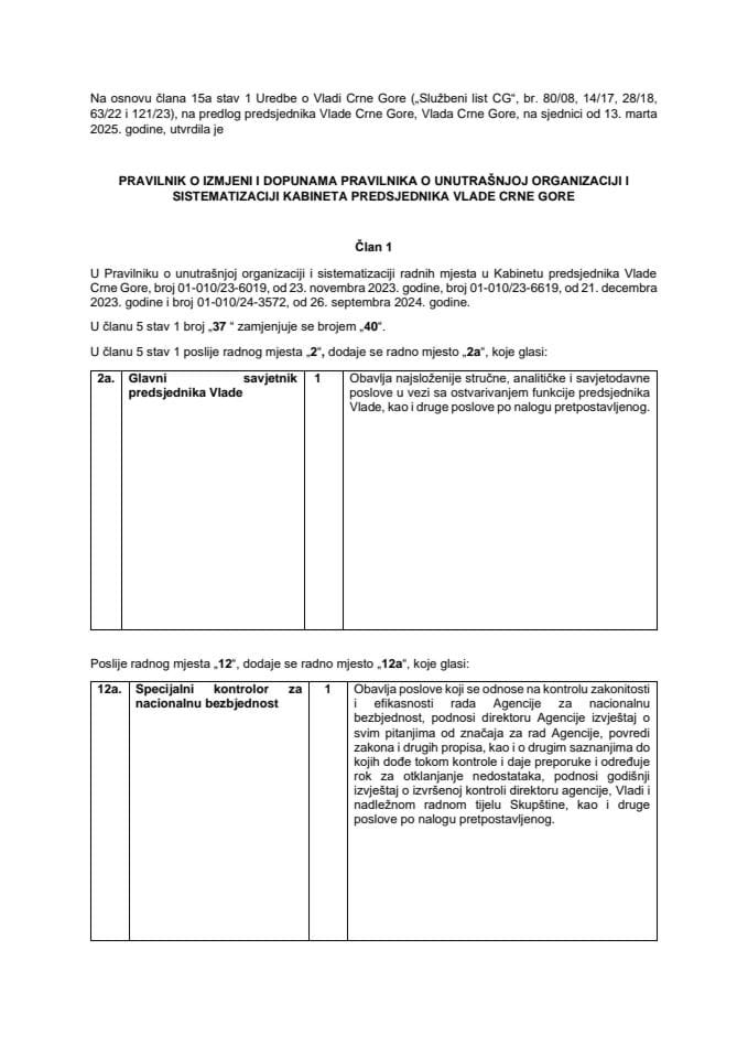 Предлог правилника о измјени и допунама Правилника о унутрашњој организацији и систематизацији Кабинета предсједника Владе Црне Горе