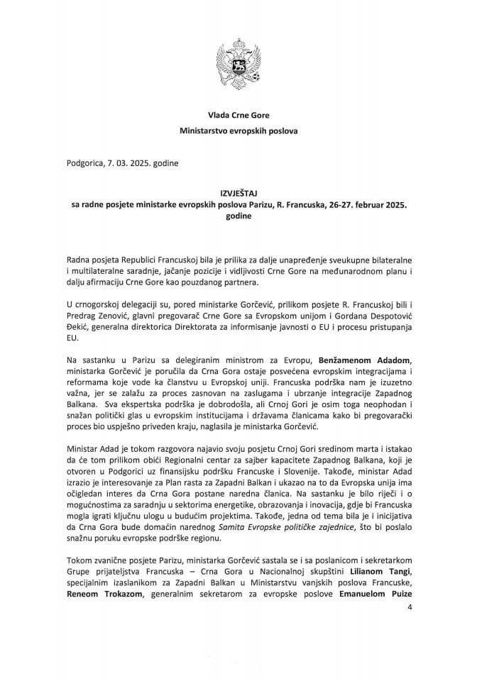 Извјештај са радне посјете министарке европских послова Маиде Горчевић, Паризу, Република Француска, 26-27. фебруар 2025. године