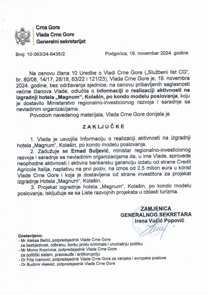 Informaciji u vezi sa realizacijom projekta izgradnje hotela "Magnum", Kolasin, po kondo modelu poslovanja sa Liste razvojnih projekata u oblasti turizma - zaključci